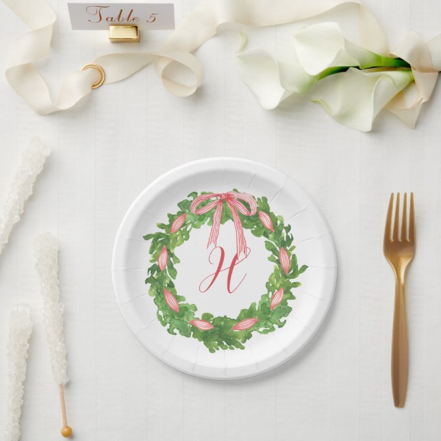 Watercolor Striped Bow Wreath Christmas Monogram Paper Plate (Wedding)