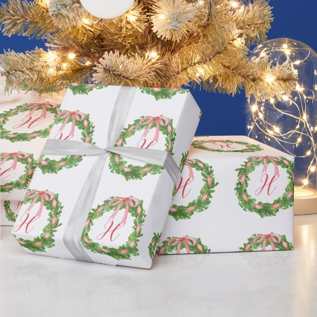 Watercolor Striped Bow Wreath Christmas Monogram Wrapping Paper (Holidays)