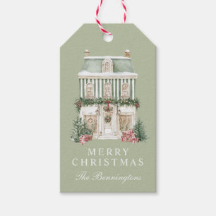 Watercolor Striped Christmas House Personalised Gift Tags
