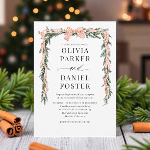 Watercolor Striped Red Bow Christmas Greenery Invitation