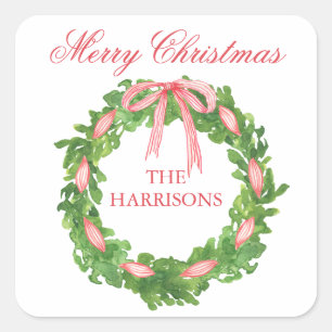 Watercolor Striped Ribbon Wreath Christmas Square Sticker