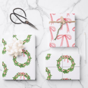 Watercolor Striped Ribbon Wreath Christmas Wrapping Paper Sheet