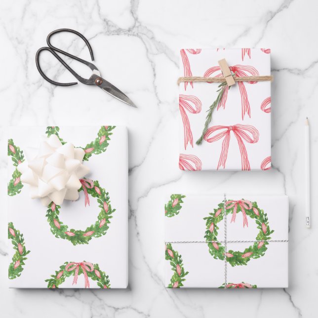 Watercolor Striped Ribbon Wreath Christmas Wrapping Paper Sheet (Front)