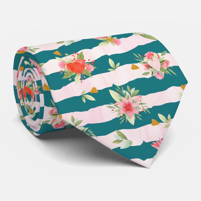 Watercolor Stripes And Flowers Tie (Rolled)