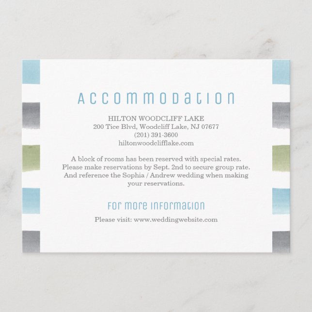 Watercolor stripes beach wedding accommodation enclosure card (Front)