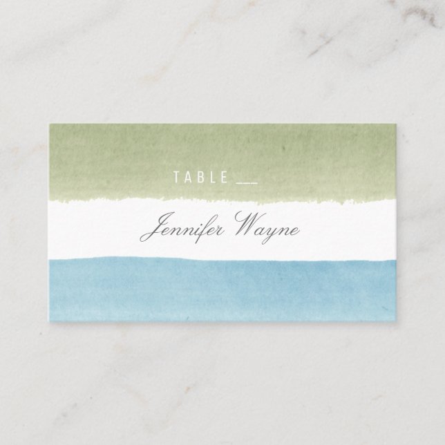 Watercolor stripes beach wedding place cards (Front)