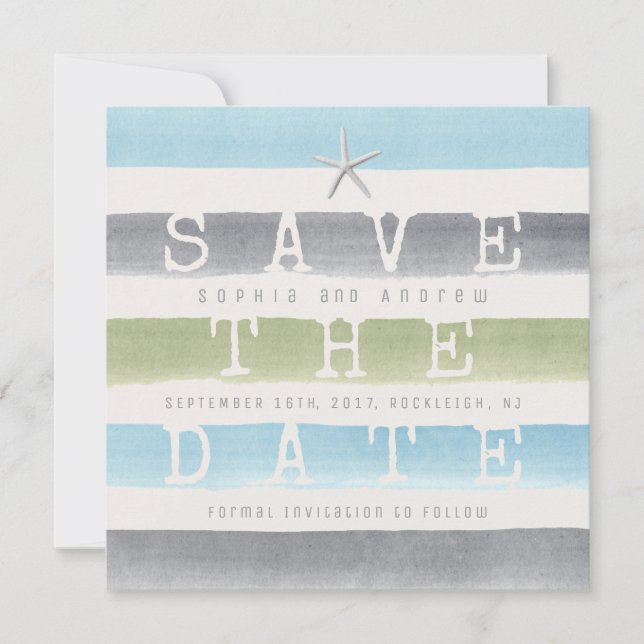 Watercolor stripes beach wedding save the date (Front)