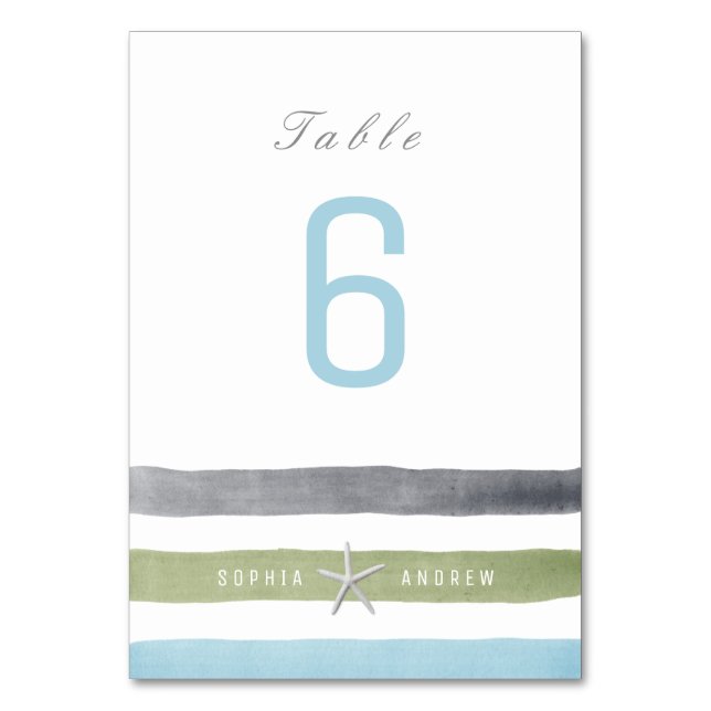 Watercolor stripes beach wedding table number (Front)