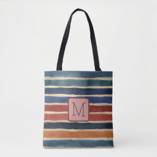 Watercolor Stripes Brick Color Block Monogram Tote Bag