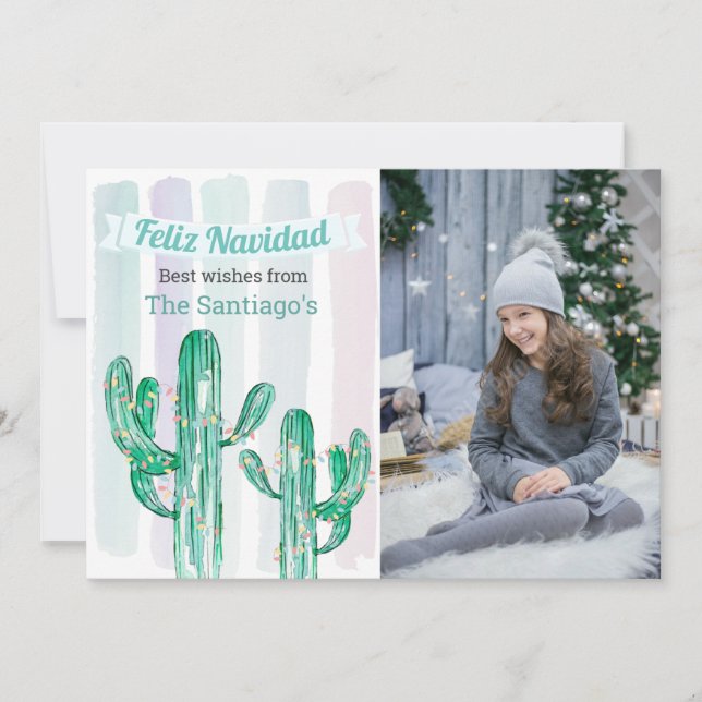 Watercolor Stripes Cactus Feliz Navidad Christmas Holiday Card (Front)