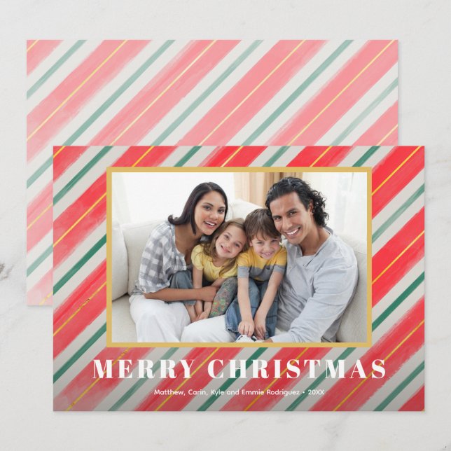 Watercolor Stripes Christmas Photo Holiday Card (Front/Back)