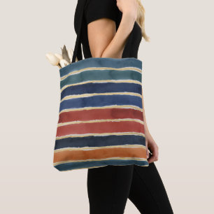 Watercolor Stripes Earthy Brick Rust Teal Navy  Tote Bag