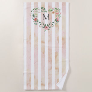 watercolor stripes floral wreath monogram beach towel