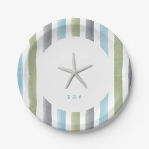 Watercolor stripes monogram rustic beach wedding paper plate