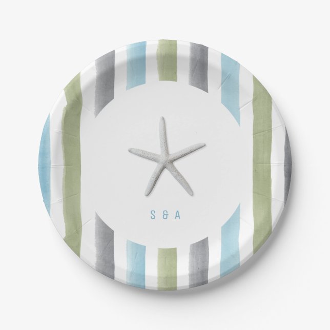 Watercolor stripes monogram rustic beach wedding paper plate (Front)