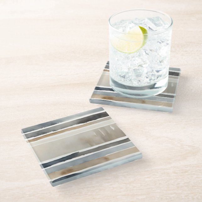 Watercolor Stripes Neutral Colours Glass Coaster (Angled)