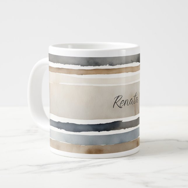 Watercolor Stripes Neutral Colours Large Coffee Mug (Front Left)