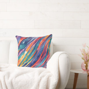 Watercolor Stripes Orange, Pink Blue Green Purple Cushion