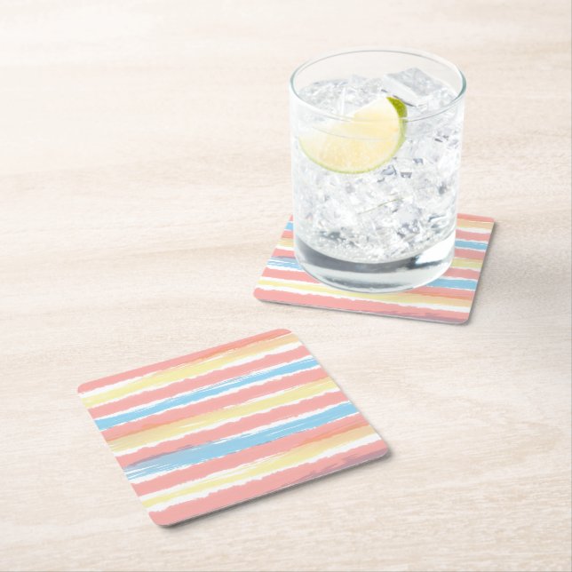 Watercolor Stripes Pink Blue Yellow Square Paper Coaster (Insitu)