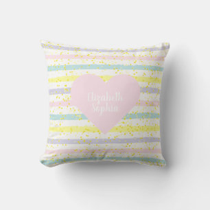 Watercolor Stripes Pink Heart Cushion