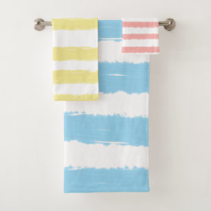 Watercolor Stripes Pink Yellow Blue White  Bath Towel Set