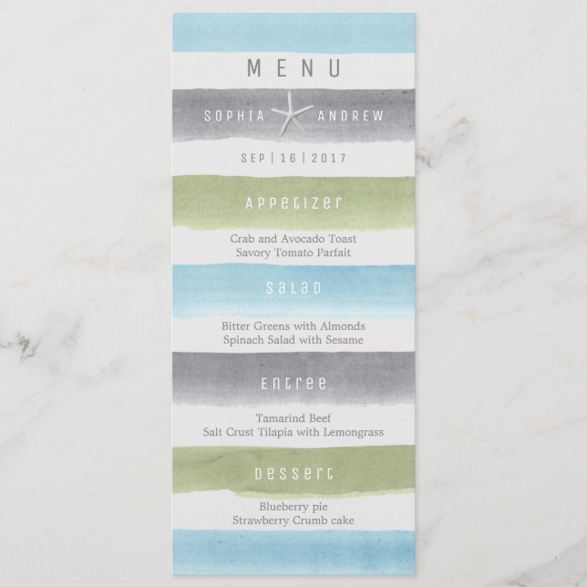 Watercolor stripes rustic beach wedding menu (Front)
