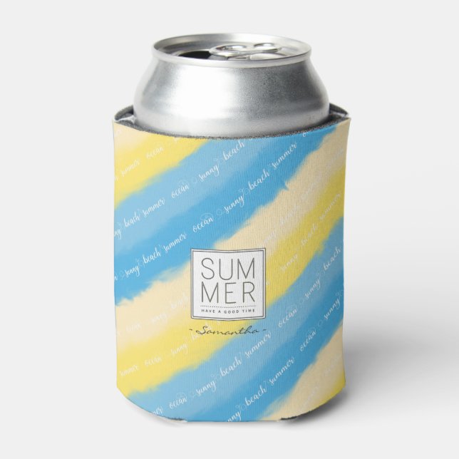 Watercolor Stripes Summer Calligraphy Can Cooler (Can Front)