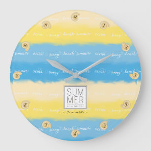 Watercolor Stripes Summer Calligraphy Large Clock