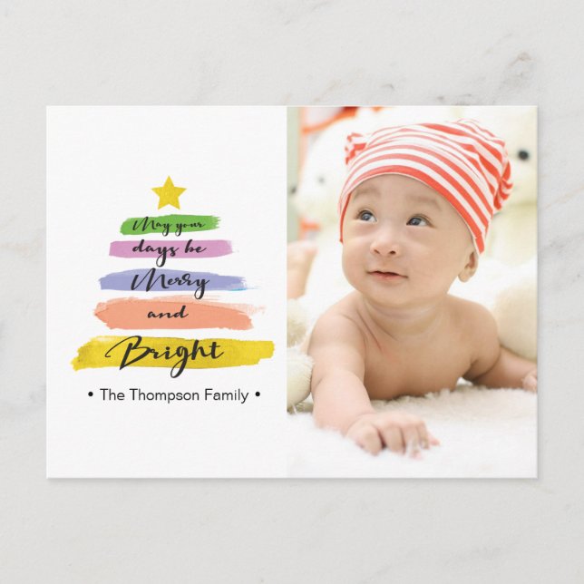 Watercolor Strokes, Christmas tree, star, photo Holiday Postcard (Front)