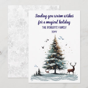 Watercolor Style Abstract Tree with Deer Holiday Card