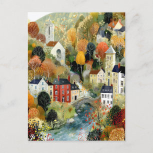 Watercolor Style Autumn Village Landscape Postcard