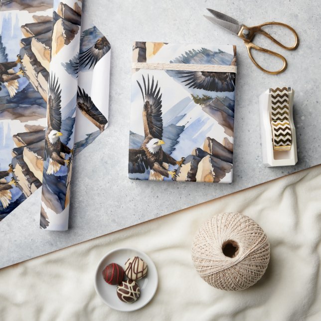  Watercolor Style Bald Eagle Flying Cliff Wrapping Paper (Crafts)
