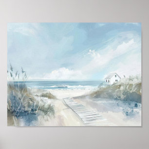 watercolor style beach lanscape with beachhouse poster