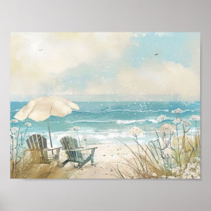 Watercolor style beach scene with white chairs  poster