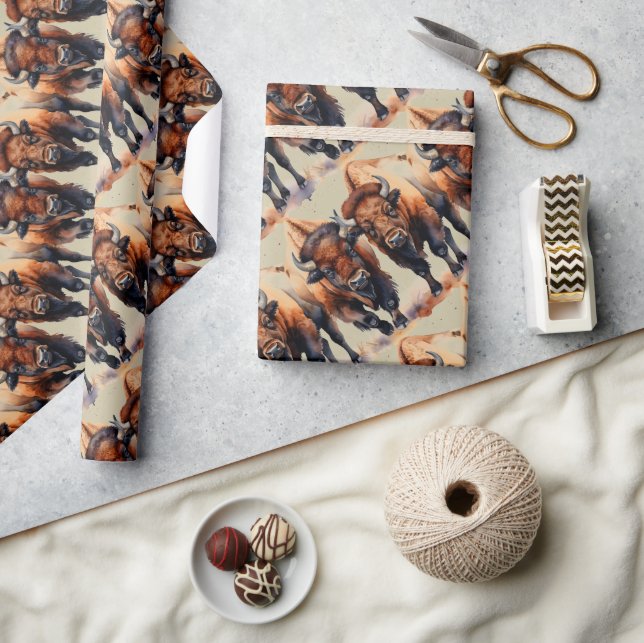  Watercolor Style Bison Buffalo Animal Pattern Art Wrapping Paper (Crafts)