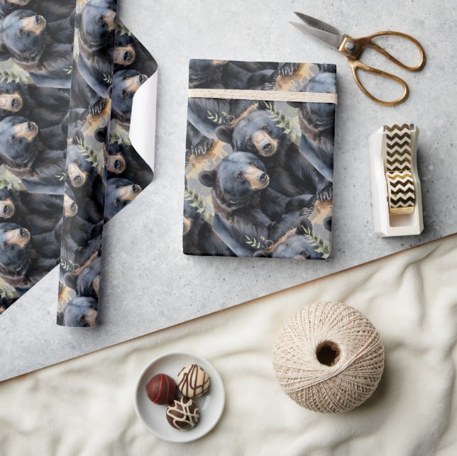 Watercolor Style Black Bears Animal Pattern Art Wrapping Paper (Crafts)