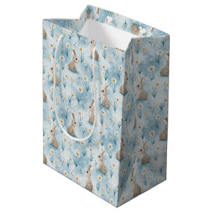 Watercolor Style Bunny and Daisy Blue Baby Medium Gift Bag