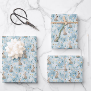 Watercolor Style Bunny and Daisy Blue Baby Wrapping Paper Sheet