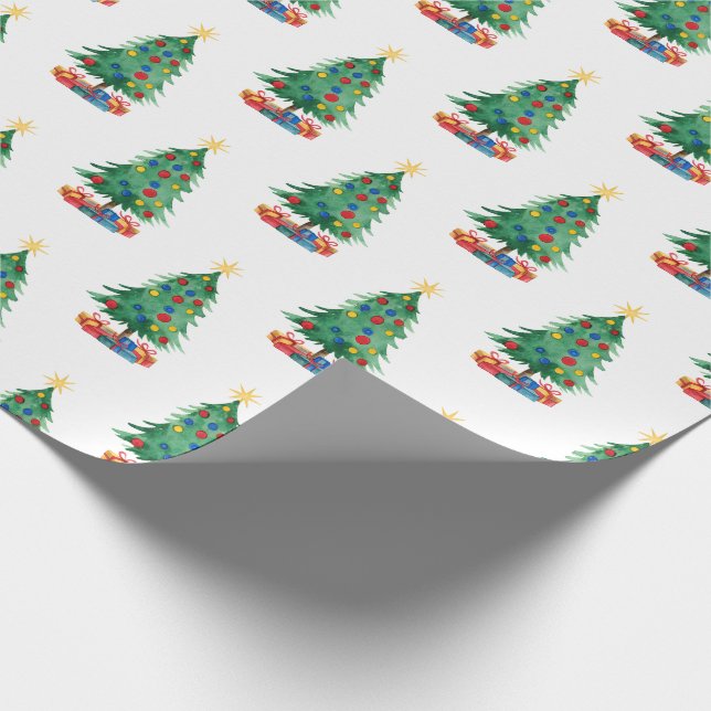 Watercolor Style Christmas Trees and Gifts Pattern Wrapping Paper (Corner)