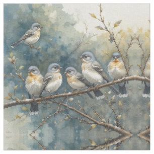 Watercolor Style Collage Collection of Cute Birds Fabric