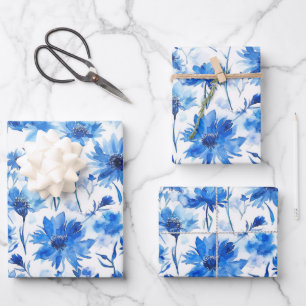 Watercolor Style Cornflower Type Blue Flower Wrapping Paper Sheet