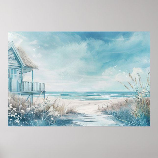 watercolor style illustration beach house poster (Front)