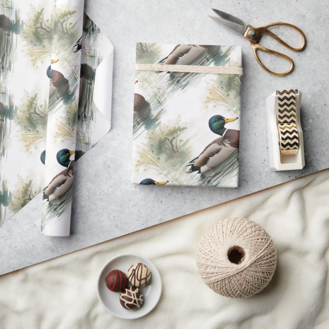  Watercolor Style Mallard Duck Bird Swimming Lake Wrapping Paper (Crafts)
