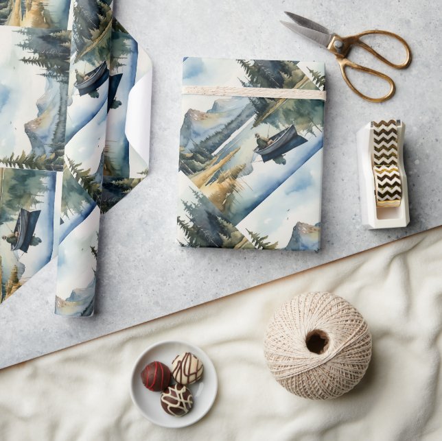  Watercolor Style Man Fishing from Boat Lake  Wrapping Paper (Crafts)