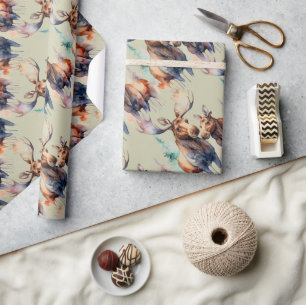 Watercolor Style Moose Couple Animal Art Wrapping Paper