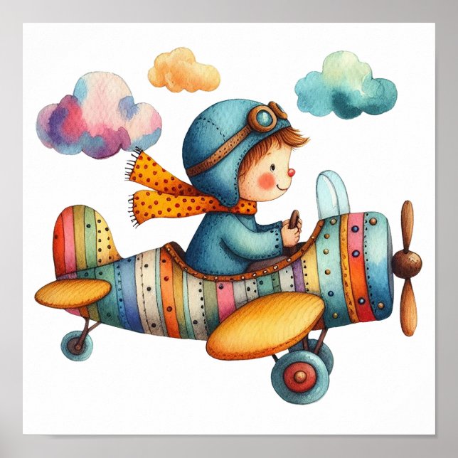 Watercolor Style Nursery Art Child Flying Aeroplan Poster (Front)