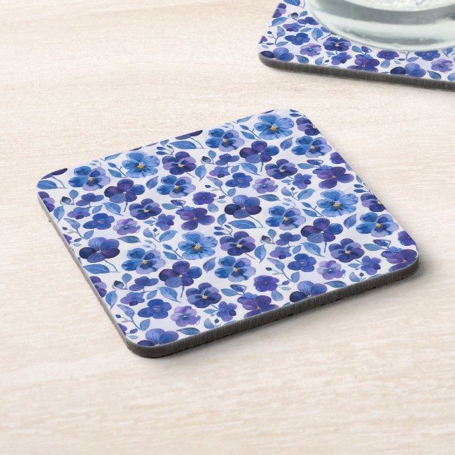 Watercolor Style Pansies Purple Blue Floral Print Coaster (Left Side)