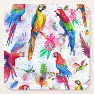 Watercolor Style Parrots 2 Square Paper Coaster