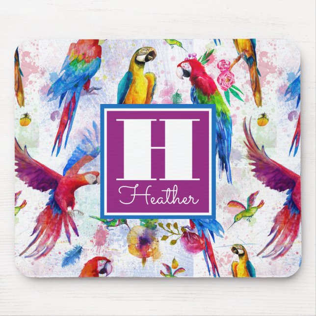 Watercolor Style Parrots | Add Your Name Mouse Mat (Front)