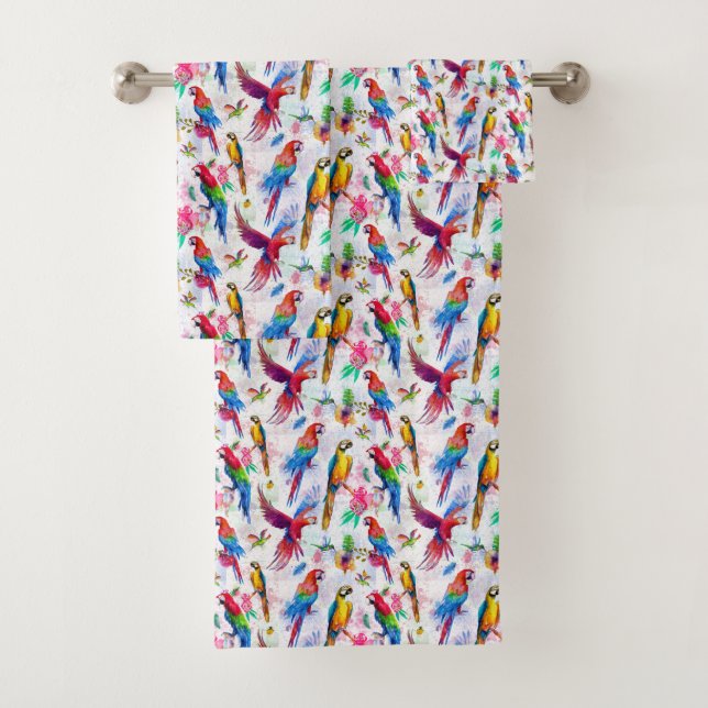 Watercolor Style Parrots Bath Towel Set (Insitu)